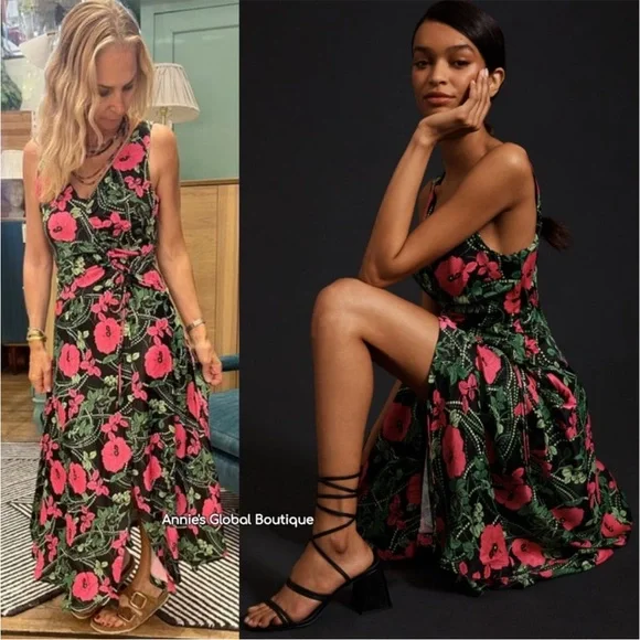 Anthropologie Maeve Ruched Midi Dress Floral Black Pink Slit Women Sz 14 - Picture 2 of 10